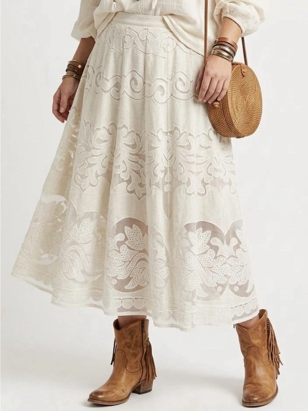 Champagne & Strawberry Lace Ivory Midi Skirt Large Cotton Linen A Line Boho Chic